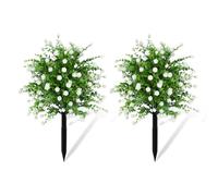 JOYWU Outdoor Artificial Flowers with Ground Spikes,2 Pcs Artificial Boxwood Topiary Ball Tree with Flowers for Cemetery Porch Garden Decor,UV Resistant Plastic Greenery Shrubs Plants,50cm (white)