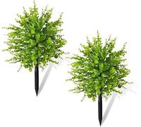 JOYWU Outdoor Artificial Flowers with Ground Spikes,2 Pcs Artificial Boxwood Topiary Ball Tree with Flowers for Cemetery Porch Garden Decor,UV Resistant Plastic Greenery Shrubs Plants,50cm (Green)