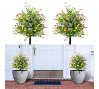 JOYWU Outdoor Artificial Flowers with Ground Spikes,2 Pcs Artificial Boxwood Topiary Ball Tree with Flowers for Cemetery Porch Garden Decor,UV Resistant Plastic Greenery Shrubs Plants,50cm (colorful)
