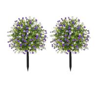 JOYWU Outdoor Artificial Flowers with Ground Spikes,2 Pcs Artificial Boxwood Topiary Ball Tree with Flowers for Cemetery Porch Garden Decor,UV Resistant Plastic Greenery Shrubs Plants,50cm (Pur-white)