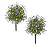 JOYWU Outdoor Artificial Flowers with Ground Spikes,2 Pcs Artificial Boxwood Topiary Ball Tree with Flowers for Cemetery Porch Garden Decor,UV Resistant Plastic Greenery Shrubs Plants,50cm (3 color)