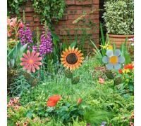JOYWU Patio Yard Decorative Garden Stakes with Flowers Heads and Green Leaves,3 Pcs 19 In Outdoor Metal Sun Flowers,Rust and Weather Resistant Metal Flowers for Summer Decor,Garden Decor for Outside