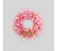 JOYWU Pink Christmas Wreath for Front Door with Led Lights,40cm Pre-Lit Artificial Xmas Wreath with Balls Ornaments,Gold Bow and Warm White Lights,Lighted Pink Wreaths for Fireplace,Wall,Window
