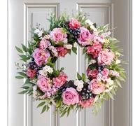 JOYWU Pink Rose Wreath for Front Door,45cm Artificial Flower Wreath with Berries,Wild Flowers,Daisy and Green Leaves,Colorful Summer Floral Wreaths for Wall Window Fireplace,Wedding Party Decor