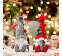 JOYWU Plush Couple Christmas Gnomes Ornaments,2 Pcs 25cm Sitting Plush Xmas Gonk Figurines with Red Berries and Green Leaves,Santa Elf Gonk Statues Decor for Tiered Tray,Desk,Mantel and Shelf