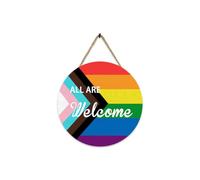 JOYWU Rainbow Pride Wreath for Front Door,30cm Gay LGBTQ Rainbow Wreath,Wooden LGBT Wood Door Sign Plaque,Rectangle Gay Lesbian Pride Month Welcome Sign,Pride Decorations for Office Home (Round-a)