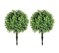 JOYWU Set of 2 Artificial Boxwood Topiary Ball Trees with Red Flowers for Outdoor with Ground Spike 70cm, UV Resistant Faux Greenery Shrubs Bushes, Fake Plants for Garden, Yard, Porch, Patio Decor (C)