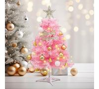 JOYWU Small Pink Christmas Tree with Lights,45cm DIY Pink Tabletop Xmas Tree Set with Star Topper,Merry Christmas Sign,Ball Ornaments,Bells,Led Light and Plastic Base,Indoor Christmas Decoration