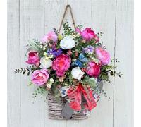 JOYWU Spring Summer Door Hanger Basket, 40 cm Artificial Floral Basket Wreath with Colorful Flowers, Butterfly & Bow, Woven Hanging Basket for Front Door Wall Window Garden Indoor Outdoor Decor