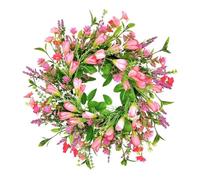 JOYWU Spring Summer Tulips Wreath for Front Door,45cm Tulips Floral Wreath with Daisies,Lavender And Eucalyptus Leaves,Green Pink Artificial Tulip Floral Door Wreaths,Spring Hanging Decoration