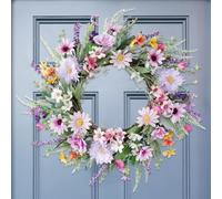 JOYWU Spring Wildflower Wreath for Front Door,45cm Artificial Flower Wreaths with Colorful Daisy Flowers,Lavenders and Leaves,Silk Summer Lavender Daisy Floral Wreaths for Spring Summer Decor