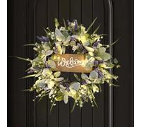 JOYWU Spring Wreath for Front Door,50cm Artificial Summer Wreaths with Welcome Sign and Led Lights,Lighted Welcome Door Wreath with Lavender,Eucalyptus and Rabbit Leaves,Outdoor Spring Summer Decor
