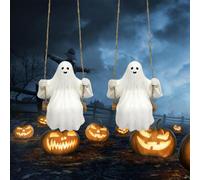 JOYWU Swing Ghost Garden Statues,2 Pcs Small Size Skull Car Mirror Hanging Ornaments,Resin Cool Swinging Ghost Car Pendants,Cute Flying Halloween Skeleton Rearview Mirror Decoration Gifts (ghost)