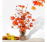 JOYWU Tabletop Fall Maple Tree Decor,45cm Artificial Tabletop Fall Tree with Pumpkins,Maple Leaf,Berries,Sunflowers and Burlap Base,Indoor Thanksgiving Maple Tree,Pumpkins Maple Leaf Tree (Red)