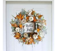 JOYWU Thanksgiving Fall Wreath with Welcome Sign,45cm Autumn Pumpkin Maple Leaves Wreath with Berries,Lamb Ears Leaves and Hello Fall Sign,Fall Decor for Front Door,Wall,Fireplace,Window,Table