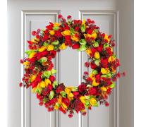JOYWU Tulip Spring Wreath for Front Door,50cm Artificial Spring Summer Floral Wreaths with Colorful Tulips,Eucalyptus Leaves and Green Base,Multicolored Tulip Wreath,Summer Flower Wreaths,1 Pcs (E)