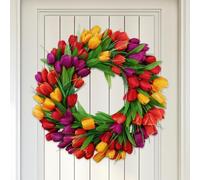 JOYWU Tulips Wreath for Front Door,40cm Multicolor Artificial Wreath with Tulip and Green Leaves,Spring Summer Tulip Floral Wreaths,Spring Summer Door Decoration,Artificial Flowers Wreaths