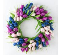 JOYWU Tulips Wreath for Front Door,45cm Artificial Pink Wreath with Tulip,Leaves and Bow,Spring,Summer Tulips Floral Wreaths,Spring Summer Door Decor,Artificial Flowers Wreaths (40cm-blue)