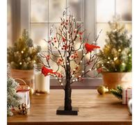 JOYWU Vintage Glowing Christmas Tree with Cardinals,53cm Tabletop Small Xmas Tree with Red Birds,Red Berries and 60 Led Lights,Lighted Mini Birch Trees for Desks,Windowsill,Mantel and Counter (B)