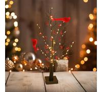JOYWU Vintage Glowing Christmas Tree with Cardinals,53cm Tabletop Small Xmas Tree with Red Birds,Red Berries and 60 Led Lights,Lighted Mini Birch Trees for Desks,Windowsill,Mantel and Counter (A)