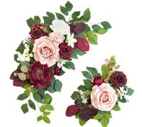 JOYWU Wedding Arch Faux Flowers with Leaves,2 Pcs Red Wedding Welcome Signs Floral Decoration,Ceremony Reception Backdrop Decor,Rose Floral Arrangement,Indoor Outdoor Faux Flower Swags