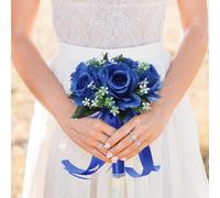 JOYWU Wedding Bouquets for Bride,24 x 20cm Bridal Bridesmaid Rose Bouquet with Ribbon,Flowers and Leaf,White Purple Pink Blue Artificial Roses Flowers Bouquets for Wedding Church Decoration (Blue)