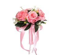 JOYWU Wedding Bouquets for Bride,24 x 20cm Bridal Bridesmaid Rose Bouquet with Ribbon,Flowers and Leaf,White Purple Pink Blue Artificial Roses Flowers Bouquets for Wedding Church Decoration (pink)