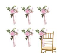 JOYWU Wedding Chair Back Flowers,6 Pcs 46 x 27cm White Wedding Aisle Decorations for Ceremony,Rose Floral Pew Chair Decoration with Green Leaves and Ribbons,Party Church Chair Decor (pink)