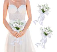 JOYWU White Bride Holding Flowers,2 Pcs 30cm White Artificial Roses Calla Lily Wedding Bouquets for Bride Bridesmaid with Bow,Ribbons,Green Leaves and Burlap Handle,Wedding Floral Bouquet (lily)