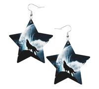 JOYXEONA Wolf Howling At The Moon printed Ladies Leather Earrings star shaped Earrings Dangle Earrings