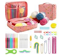 JOZEA 58pcs Crochet Kit for Beginners Adults & Teens, Complete All-in-One Starter Set Including 9 Ergonomic TPR Soft Grip Hooks, Yarn Skeins, and Portable Storage Bag with Comfortable Handle, Pink