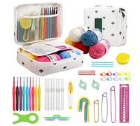 JOZEA 58pcs Crochet Kit for Beginners Adults & Teens, Complete All-in-One Starter Set Including 9 Ergonomic TPR Soft Grip Hooks, Yarn Skeins, and Portable Storage Bag with Comfortable Handle,White