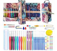JOZEA Crochet Kit with Cylindrical Ergonomic Hooks in Various Sizes - Colorful Handles, Portable Organizer Bag, Pink Maple Leaf