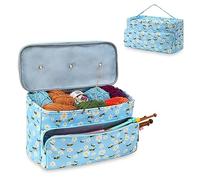 JOZEA Knitting Bag (Empty), Double-Layer Yarn Organiser for Crochet Projects, Bee & Daisy Print Craft Case with 3 Grommets & Needle Compartments