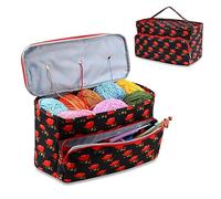 JOZEA Knitting Bag (Empty), Double-Layer Yarn Organiser for Crochet Projects, Black Rose Print Craft Case with 3 Grommets & Needle Compartments