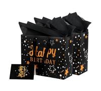 JOZEA Medium Birthday Gift Bags with Tissue Paper and Cards, 2-Pack Birthday Present Tote Bags with Handles, All-in-One Gift Wrapping Kit for Kids Adults Friends, 33x26x12cm (Black Gold)