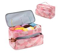 JOZEA Yarn Storage Bag (Empty), Double-Layer Knitting Organiser for Wool & Crochet Projects, Portable Craft Case with 3 Grommets & Needle Compartments, Pink