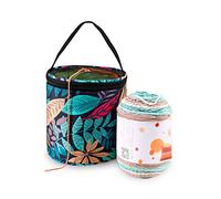 JOZEA Yarn Storage Bag (Empty), Portable Small Knitting Bag for Wool & Crochet Projects, Barrel Organiser with Thread Guide & Transparent Lid, Vintage Floral Blue
