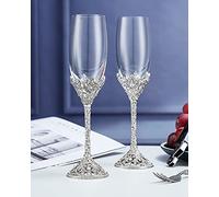 Jozen Gift Champagne Flutes - Crystal Glass Metal Base With Crystal Stones, Set of 2 Toasting Flute Pair, Wedding Anniversary Party Birthday Banquets and Gifts for Bride and Groom7oz