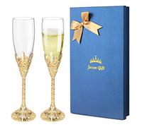 Jozen Gift Champagne Flutes-Set of 2 Champagne glasses, Crystal Glasses&Metal Base, Toasting Flute Pair, Wedding Anniversary, Party,Birthday,Banquets,Gifts for Bride and Groom 6 oz-Gold