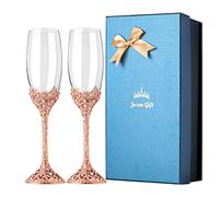 Jozen Gift Rose Gold Champagne Flutes - Crystal Glasses Metal Base With Crystal Stones, Set of 2 Toasting Flute Pair, Wedding Anniversary Party Birthday Banquets, Gifts for Bride and Groom7oz