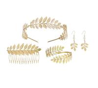 JOZMMZEOOA 4 Pcs Greek Goddess Costume Accessories Set Golden Laurel Leaf Crown Upper Arm Coil Bracelet Pearl Leaf Dangle for Bridal Wedding Toga Party Gold Costume Jewellery