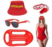 JOZMMZEOOA Baywatch Fancy Dress Costumes 4 Pieces Baywatch Costume Lifeguard Costume Set Includes Lifeguard Visor Cap Sunglasses Sports Whistles Buoy Life Ring for Carnival (B)