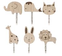 JOZMMZEOOA Wooden Animal Wall Hooks 6-Pack Self Adhesive Coat Hooks Cats Lions Rabbits Giraffes Elephant Whale Shape for Kids Room Nursery Bedroom Decor