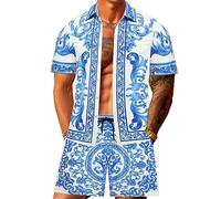 JoZorro Men Hawaiian Shirt Sets Casual Button Down Shirts 2 Piece Luxury Summer Beach Outfits, Blue, Large
