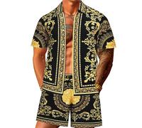 JoZorro Men Hawaiian Shirt Sets Casual Button Down Shirts 2 Piece Luxury Summer Beach Outfits, Gold, Large