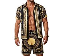 JoZorro Men Hawaiian Shirt Sets Casual Button Down Shirts 2 Piece Luxury Summer Beach Outfits, Gold, Large