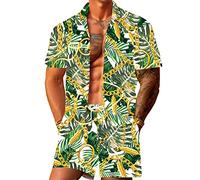 JoZorro Men Hawaiian Shirt Sets Casual Button Down Shirts 2 Piece Luxury Summer Beach Outfits, Green&gold Chain, Large