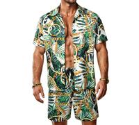 JoZorro Men Hawaiian Shirt Sets Casual Button Down Shirts 2 Piece Luxury Summer Beach Outfits, Green&gold Chain, Large