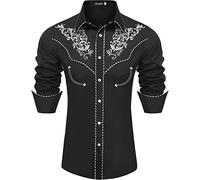 JoZorro Men's Long Sleeve Pearl Snap Rhinestone CowBoy's Cut Western Embroidered Casual Button Down Shirt, Black, Large